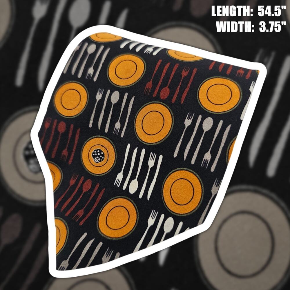 Vicky Davis Lunch Time Plate Cutlery Novelty Vintage Silk Tie Black Orange 54.5"